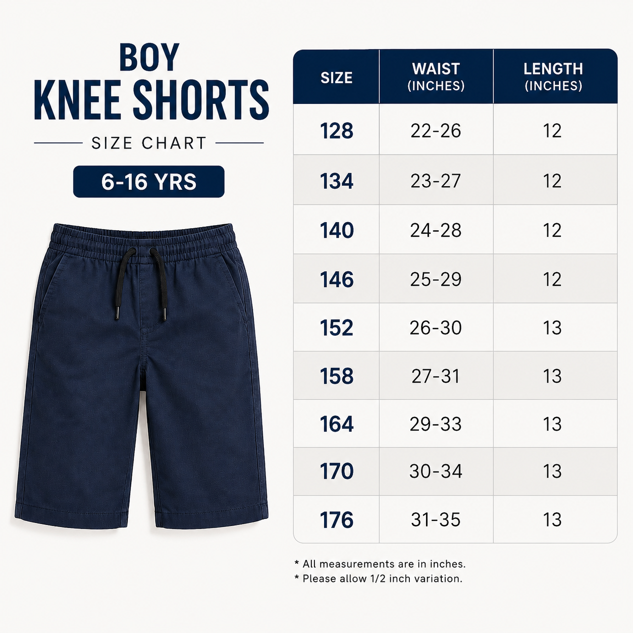 Boys Knee Shorts 6-16yrs